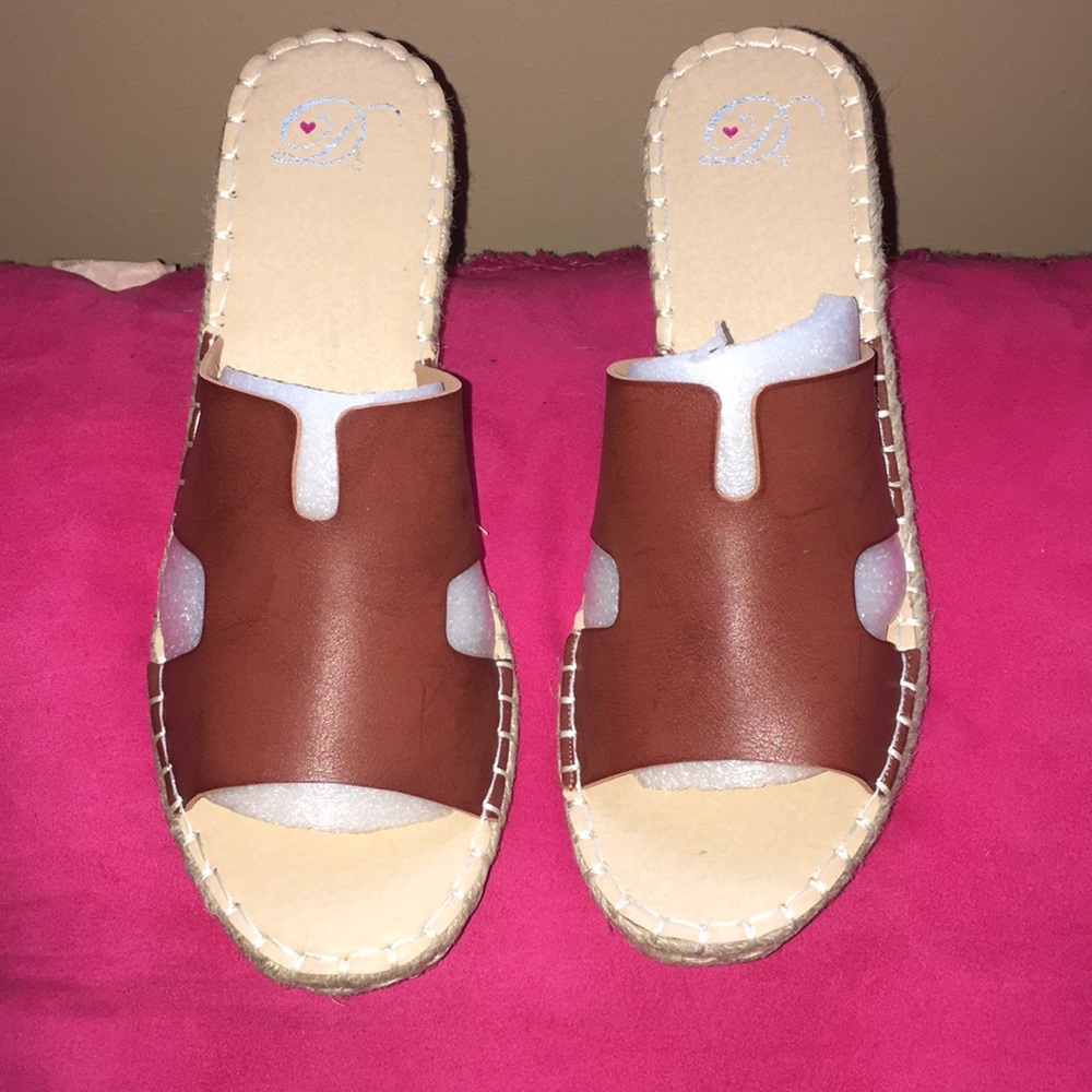 H band brown 2.5” heel espadrille wedge sandals.
